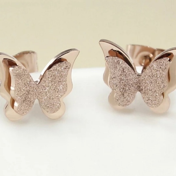Rose gold stainless steel butterfly earrings. - Picture 3 of 8